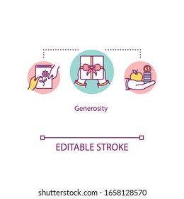 Generosity concept icon. Giving presents. Donation, social help and people support. Being selfless idea thin line illustration. Vector isolated outline RGB color drawing. Editable stroke