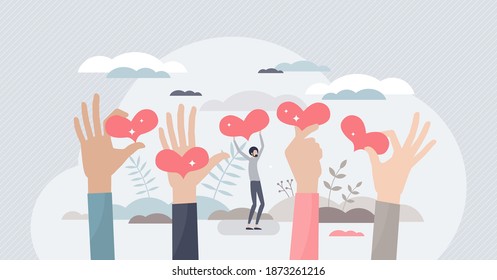 Generosity as donation support sharing tiny person concept. Heart love as help and assistance symbol for humanity organization or social funding project vector illustration. Charity volunteer campaign