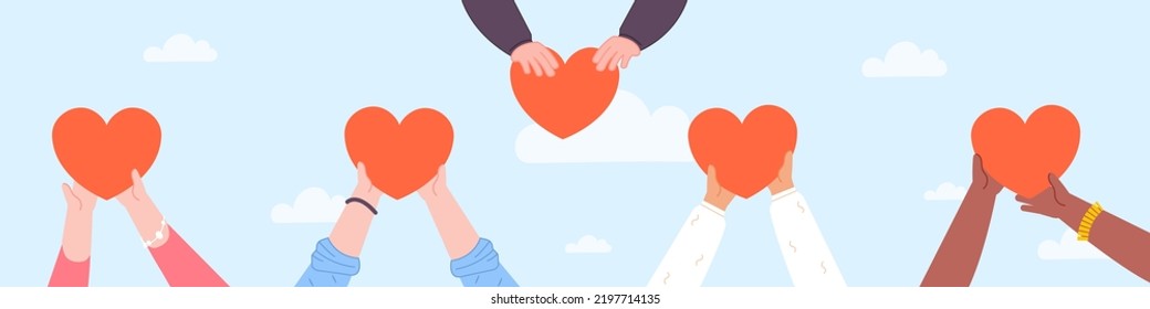 Generosity hands giving heart. Social unity symbol, charity projects positive team compassion, make kindness peace foundation money donation, vector illustration of generosity heart, charity community