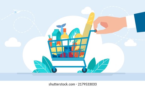 Generosity, hospitality, charity. Full shopping cart with fresh grocery products. Set of fresh, healthy, and natural products. Food store, shop, supermarket. Flat design. Vector business illustration