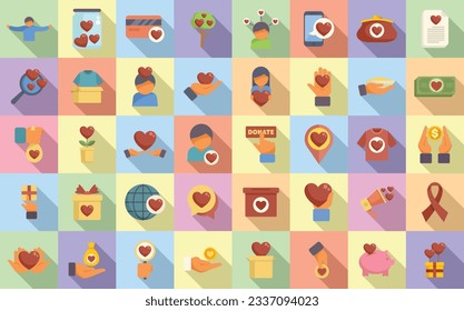 Generosity icons set flat vector. Food donate. Impact economic