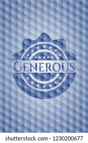Generous blue badge with geometric background.