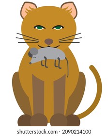 A generous cartoon house cat is presenting the gift of a dead mouse to his owner