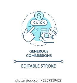 Generous commissions turquoise concept icon. Affiliate marketer benefit abstract idea thin line illustration. Isolated outline drawing. Editable stroke. Arial, Myriad Pro-Bold fonts used