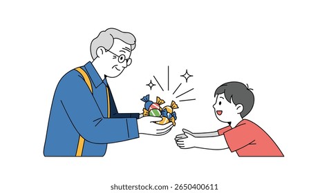 Generous elder man shares delicious sweets with a young happy boy during a sunny day