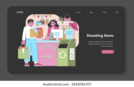 Generous hearts at play. Patrons donate items to a secondhand shop, supporting community sharing and the sustainability movement. Kindness in action. Vector illustration.