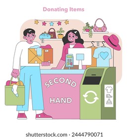 Generous hearts at play. Patrons donate items to a secondhand shop, supporting community sharing and the sustainability movement. Kindness in action. Vector illustration.