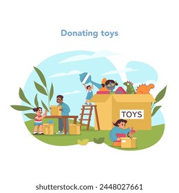 Generoso concepto de tiempo de juego. Niños entusiastas clasifican y donan juguetes para difundir alegría entre sus compañeros. Compartir el espíritu de dar a través de donaciones lúdicas. Ayudar a la gente necesitada. Ilustración vectorial