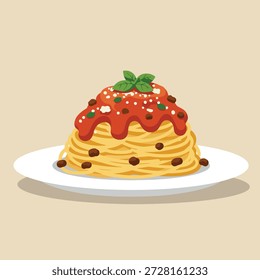 Uma porção generosa de macarrão espaguete, artisticamente empilhado alto e coberto com um molho de tomate vermelho vibrante, espalhado com azeitonas escuras e folhas de manjericão verde fresco.