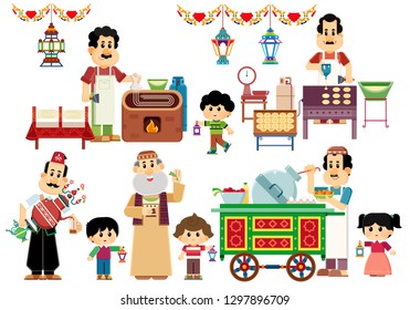 Generous Ramadan Kareem greeting card  isolated vector illustration background wallpaper , Arabic sweets  Kunafa qatayef  ataif Maker boy and girl carrying  lanterns Beans Cart Drummer mesaharaty 