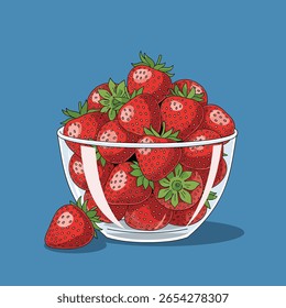 A generous serving of ripe red strawberries freshly picked and overflowing in a clear glass bowl
