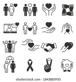 icono generoso y solidario conjunto en línea delgada estilo, cuidado, amistad y amor, comprensión mutua y apretón de manos, responsabilidad, ilustración vectorial
