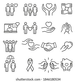 generous and sympathize icon set in thin line style, care, Friendship and love, Mutual understanding and handshake, responsibility, vector illustration
