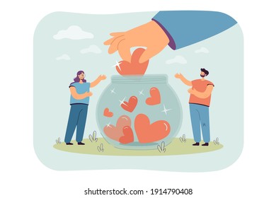 Generous tiny people collecting hearts in jar isolated flat vector illustration. Cartoon volunteers giving hope, support and love. Charity, donation and social community concept