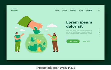 Generous tiny people collecting hearts in jar isolated flat vector illustration. Cartoon volunteers giving hope, support and love. Charity, donation and social community concept