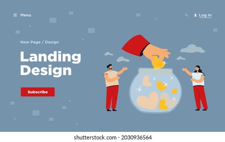 Generous tiny people collecting hearts in jar isolated flat vector illustration. Cartoon volunteers giving hope, support and love. Charity, donation and social community concept