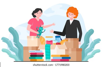 Generous volunteers donating clothes, toys and food isolated flat vector illustration. Charity team collecting humanitarian box. Humanity and donation concept