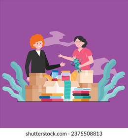 Generous volunteers donating clothes, toys and food isolated flat vector illustration. Charity team collecting humanitarian box. Humanity and donation concept