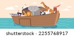 Genesis Flood Narrative Scene with Ark and Noah Letting Dove Fly into Sky. Majestic Ship with Saved Animals Sailing on Endless Water Surface under Clear Sky. Cartoon People Vector Illustration