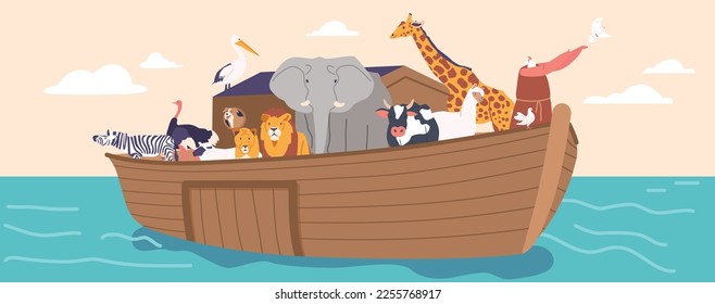 Genesis Flood Narrative Scene with Ark and Noah Letting Dove Fly into Sky. Majestic Ship with Saved Animals Sailing on Endless Water Surface under Clear Sky. Cartoon People Vector Illustration