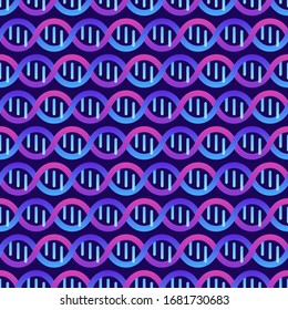 Genetic abstract concept. Vector color flat illustration. Seamless pattern of blue gradient DNA horizontal helix isolated on background. Design tile for gene science web, healthcare backdrop.
