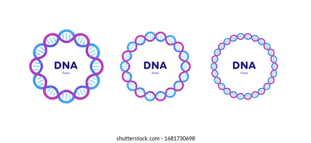 Genetic abstract concept. Vector color flat illustration. Set of circle frame banner of DNA helix and copy space isolated on white. Blue pink gradient Design for gene science, medicine advertisment.