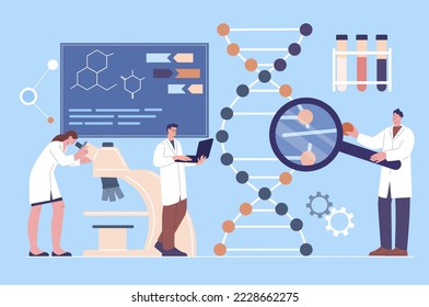 Genetic analysis dna, medicine research. Dna spiral molecule testing, profeccional scientists work in laboratory. Biotechnology kicky vector scene