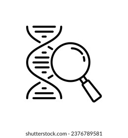 Genetische Analyse mit Glass Magnifier Line Symbol. Lineares Piktogramm zur Labordiagnose. Recherche von Helix Structure Dna Outline Icon. Bearbeitbarer Stroke. Einzelne Vektorgrafik.