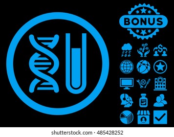 Genetic Analysis icon with bonus pictures. Vector illustration style is flat iconic symbols, blue color, black background.