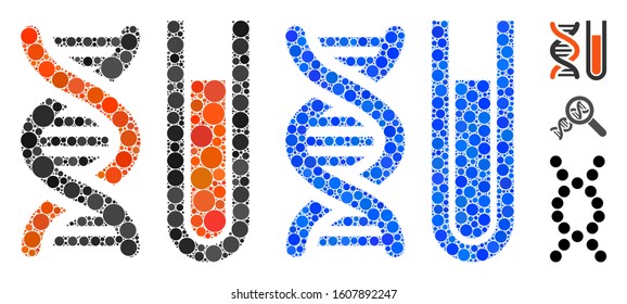 Genetic analysis mosaic of round dots in variable sizes and color tones, based on genetic analysis icon. Vector round dots are organized into blue mosaic.