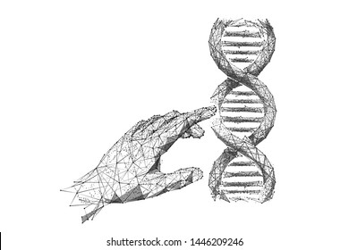 Análisis genético e investigación de baja polilla de alambre ilustración. Cromosoma de ADN poligonal que analiza el arte de malla. Ciencias de la biología molecular sobre el blanco