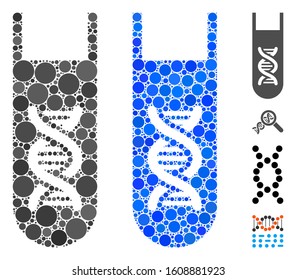 Genetic analysis test-tube composition of round dots in different sizes and color tints, based on genetic analysis test-tube icon. Vector round dots are united into blue illustration.