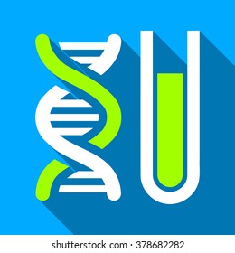 Genetic Analysis Tube long shadow vector icon. Style is a flat light symbol with rounded angles on a blue square background.