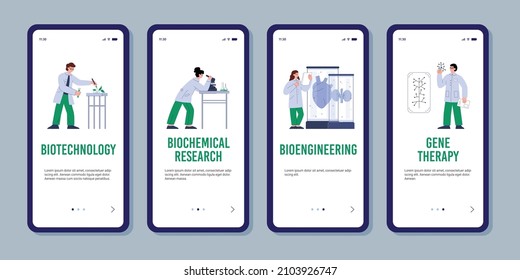 Genetic and bioengineering research onboarding mobile pages kit, flat vector illustration. Biotechnology and gene therapy mobile app screen templates set.