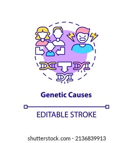 Das Symbol "Genetische Ursachen". Erbkrankheit. Verhaltensstörung verursacht abstrakte Ideenzeige in dünner Linie. Einzeln Umrisszeichnung. Bearbeitbarer Strich. Arial, Myriad Pro Fett Schriftarten verwendet