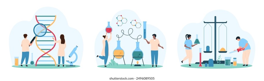 Genetic and chemistry research set. Tiny people with magnifying glass test DNA molecule, test chemical reaction of liquid reagents in flasks, weigh materials on lab scale cartoon vector illustration