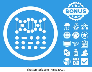 Genetic Code icon with bonus pictogram. Vector illustration style is flat iconic symbols, white color, blue background.