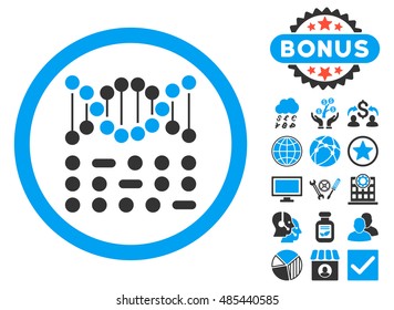 Genetic Code icon with bonus pictogram. Vector illustration style is flat iconic bicolor symbols, blue and gray colors, white background.