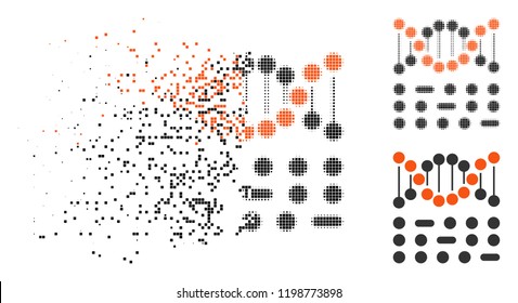 Genetic code icon in dissolving, dotted halftone and undamaged solid versions. Cells are combined into vector dissolving genetic code icon. Disappearing effect uses rectangle particles.