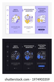 Genetic defects results onboarding vector template. Responsive mobile website with icons. Web page walkthrough 3 step screens. Child health care dark, light mode concept with linear illustrations