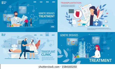 Genetic Disease Determination, Therapy. Transplantation, Life Saving. Flat Landing Page in Trendy Medical Design Set. Treatment and Health Insurance. Laboratory, Clinic. Vector Cartoon Illustration