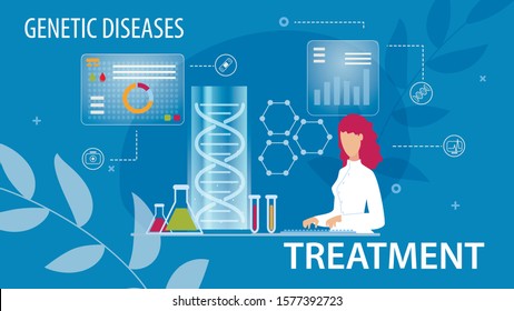 Genetic Disease Treatment Prevention Flat Medical Poster. Cartoon Woman Scientists Doing Lab Research, Typing on Keyboard. Gene Therapy. Determination Predisposition to Disorders. Vector Illustration