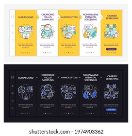 Genetic diseases diagnostics onboarding vector template. Responsive mobile website with icons. Web page walkthrough 5 step screens. Illness dark, light mode concept with linear illustrations