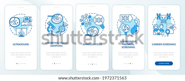 Genetic diseases testing blue onboarding\
mobile app page screen with concepts. Diagnostics walkthrough 5\
steps graphic instructions. UI, UX, GUI vector template with linear\
color illustrations