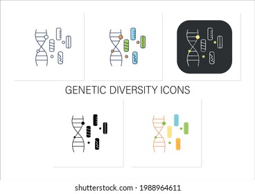 Genetic diversity icons set.Diversity of genes existing in the world.Contributes to multiplicity of life forms.Collection of icons in linear, filled, color styles.Isolated vector illustrations 