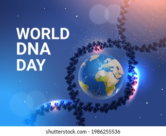 genetic DNA helical molecule with earth planet globe world dna day clinic medical treatment research and testing