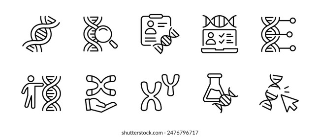 línea de Vector genética de iconos de adn conjunto de biotecnología cromosoma molecular hélice genes signos contorno ilustración colección