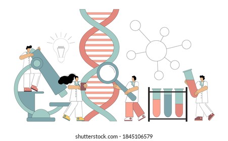 Genetic DNA research. Chemical, biological experiments. Scientists working in the laboratory. Vector illustration isolated on white background.