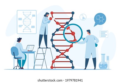 Genetic Dna Research. Scientists Researching And Analyzing Dna Molecule In Laboratory. Biotechnology, Genome Engineering Vector Concept. Molecular Testing, Clinical Lab Experiments