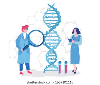 Genetic DNA science . Showing scientist investigating DNA,  Vector illustration for web banner, infographics, mobile.